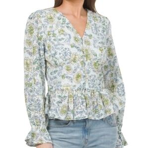 7 For All Mankind Floral Eyelet Ruffle Button-Up Peplum Top Cottagecore Feminine